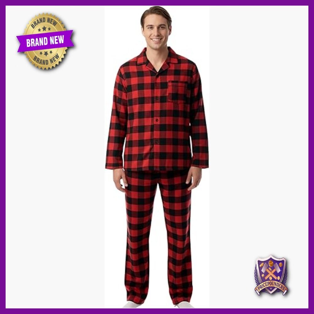 Men's Plaid Flannel Pajama Set, Long Sleeve, Loose Fit, Plus Size XXL
